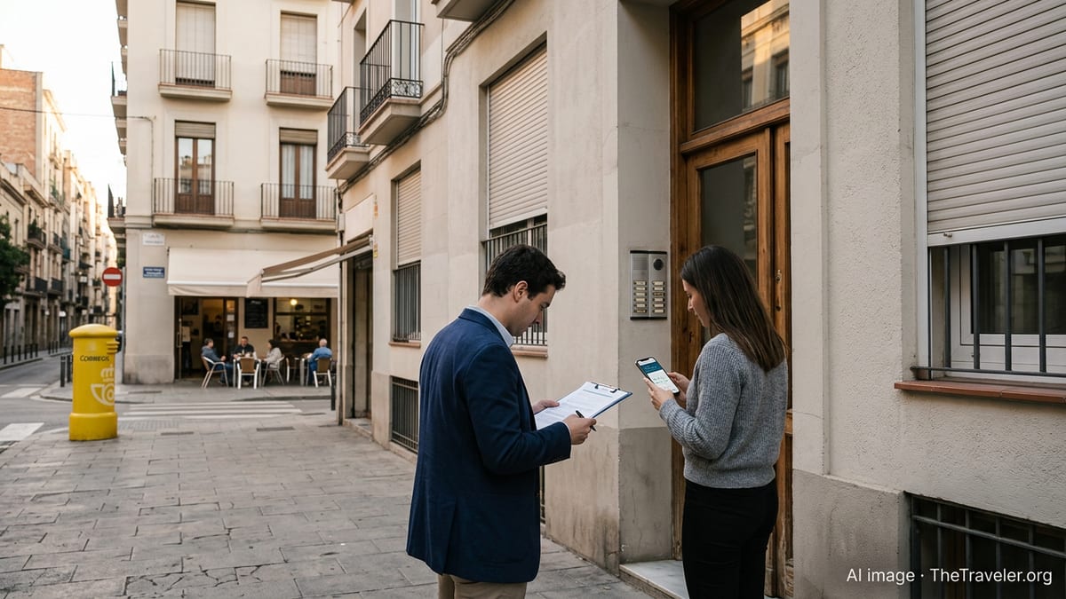 New arrivals in a Spanish city organizing documents outside their apartment building.