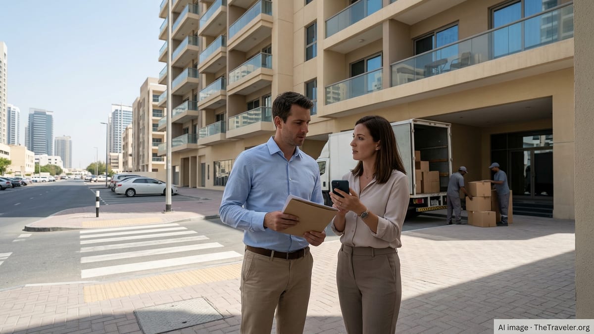 New expats unloading boxes and checking documents outside a modern UAE apartment building.