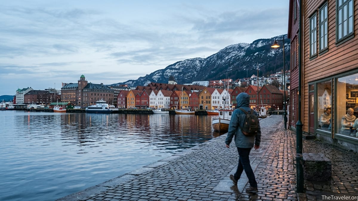 Evening view of Bergen’s Bryggen waterfront with wet cobblestones, harbor and a lone traveler walking by