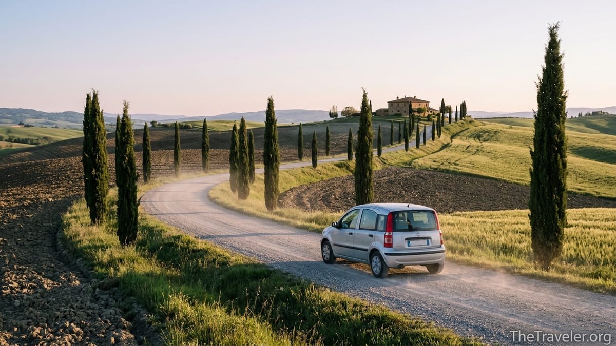 Car driving along a cypress-lined road through rolling Tuscan hills at golden hour.