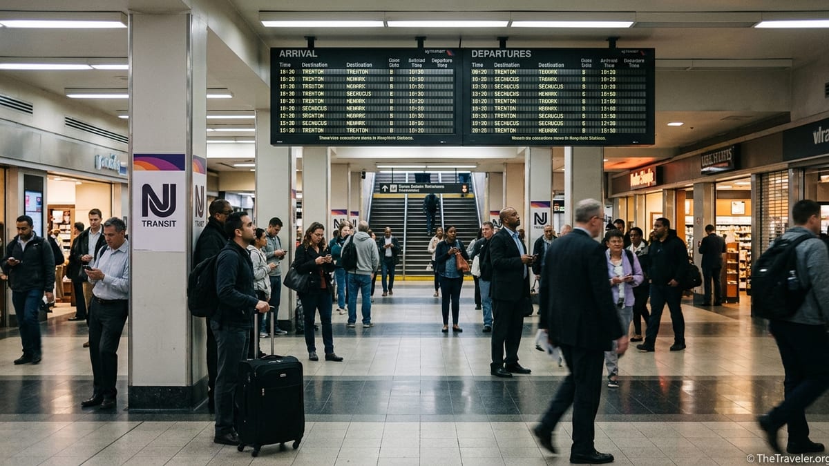Commuters check NJ Transit departure boards and phones inside New York Penn Station concourse.
