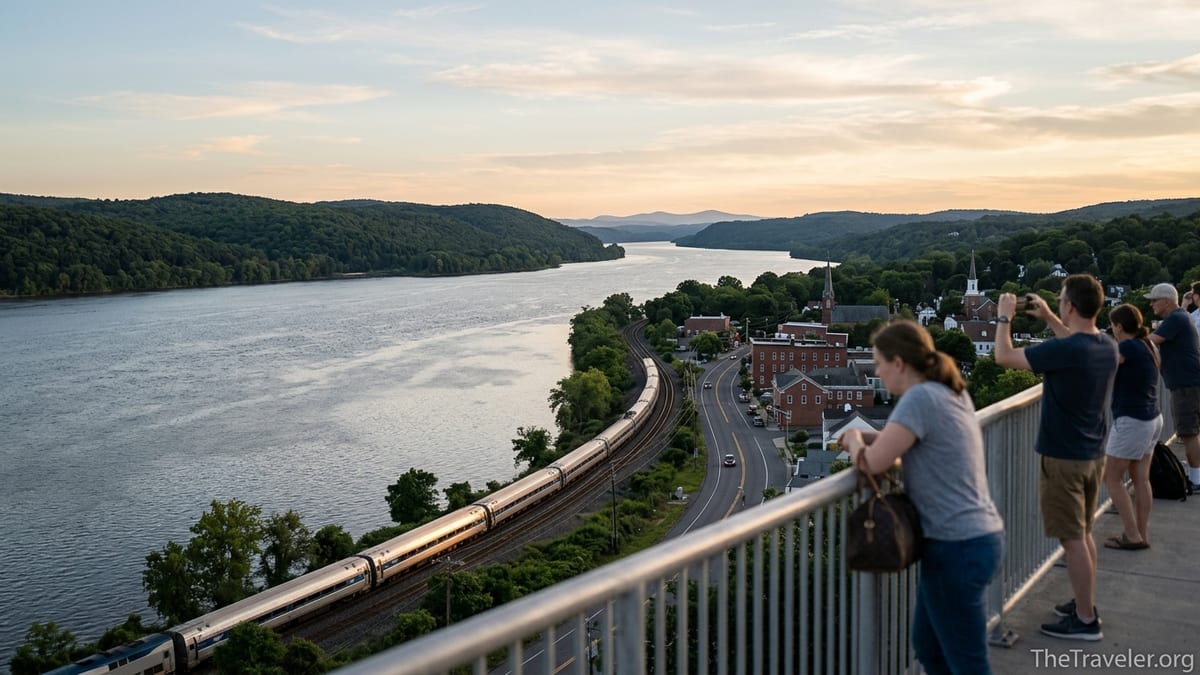 Travelers watch a passenger train follow the Hudson River through upstate New York at sunset.