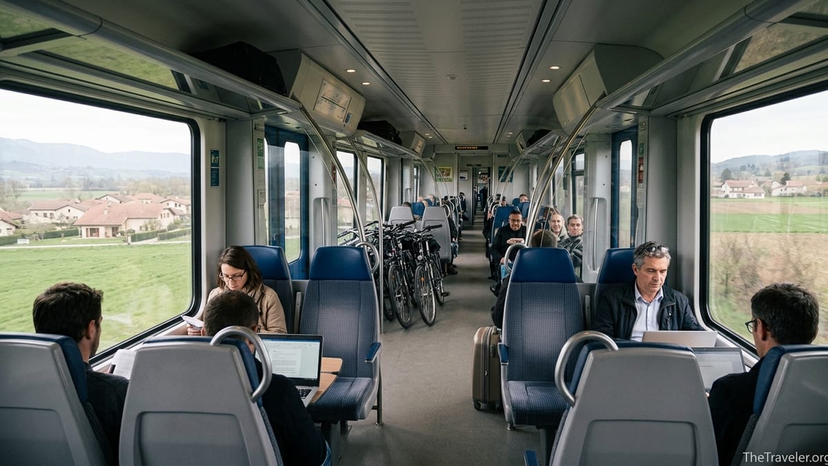 Passengers riding a French TER regional train with countryside and low Alps visible through large windows.