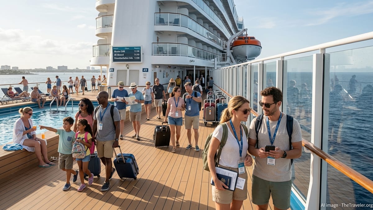 First-time cruisers on a ship deck, adjusting to life at sea.