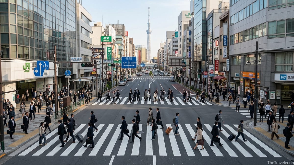 Commuters and travelers crossing a busy Tokyo intersection near a train station on a clear day.