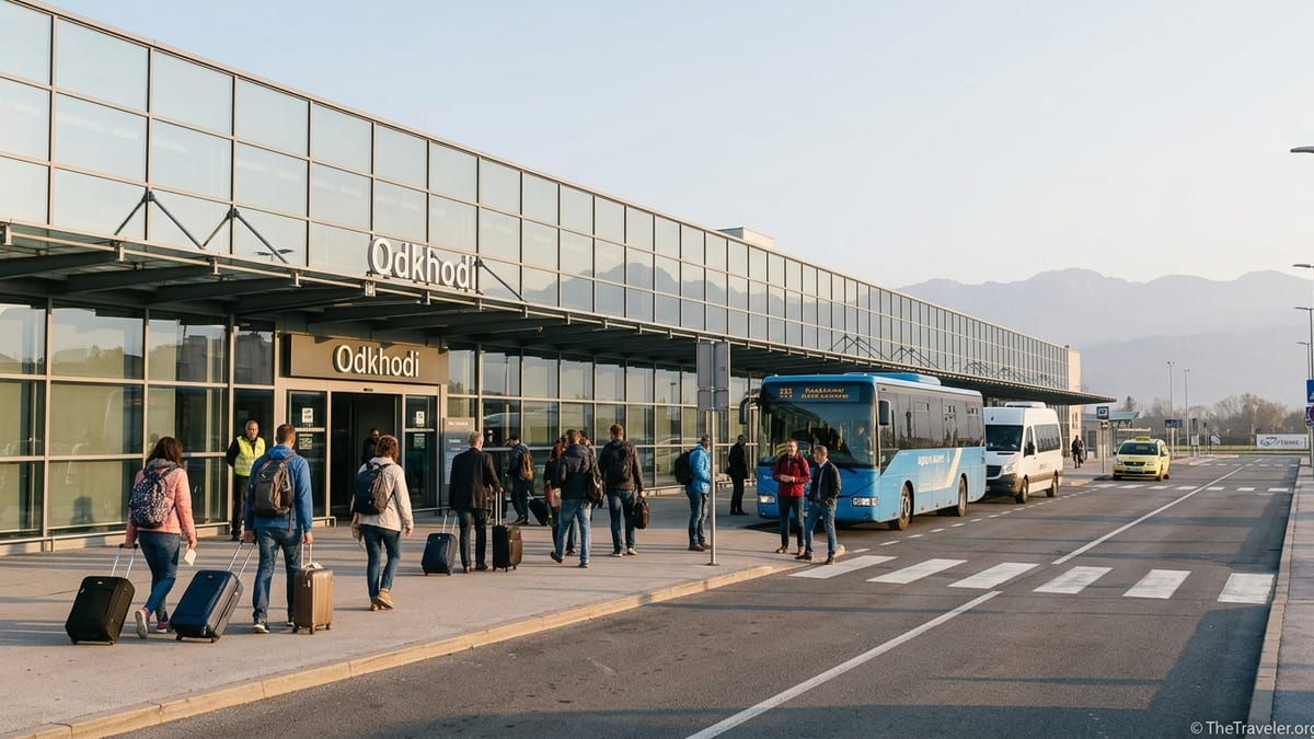 Travelers arriving outside Ljubljana Jože Pučnik Airport with buses, taxi and mountains in the background.