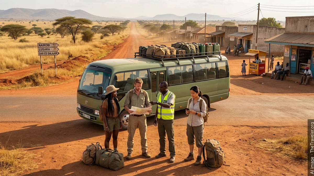 Group of first-time travelers consulting a map at a rural African crossroads.