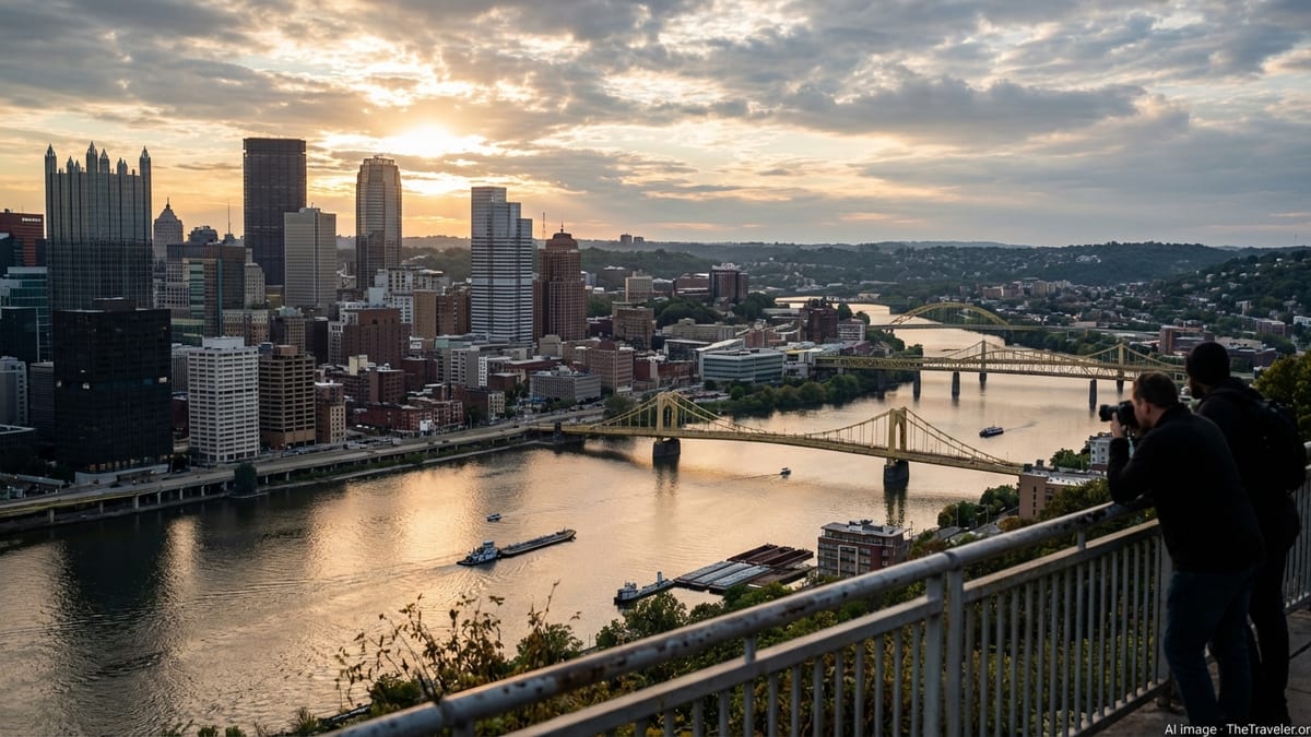 A wide sunset view over downtown Pittsburgh and its river bridges from Mount Washington.