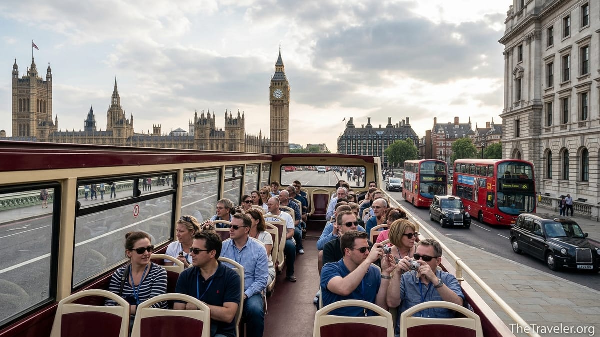 Tourists on an open-top Big Bus passing London landmarks on a sunny afternoon.