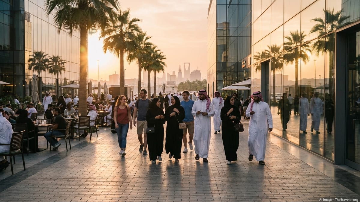 People walking along a modern pedestrian boulevard in Riyadh at sunset, mixing traditional and contemporary styles.