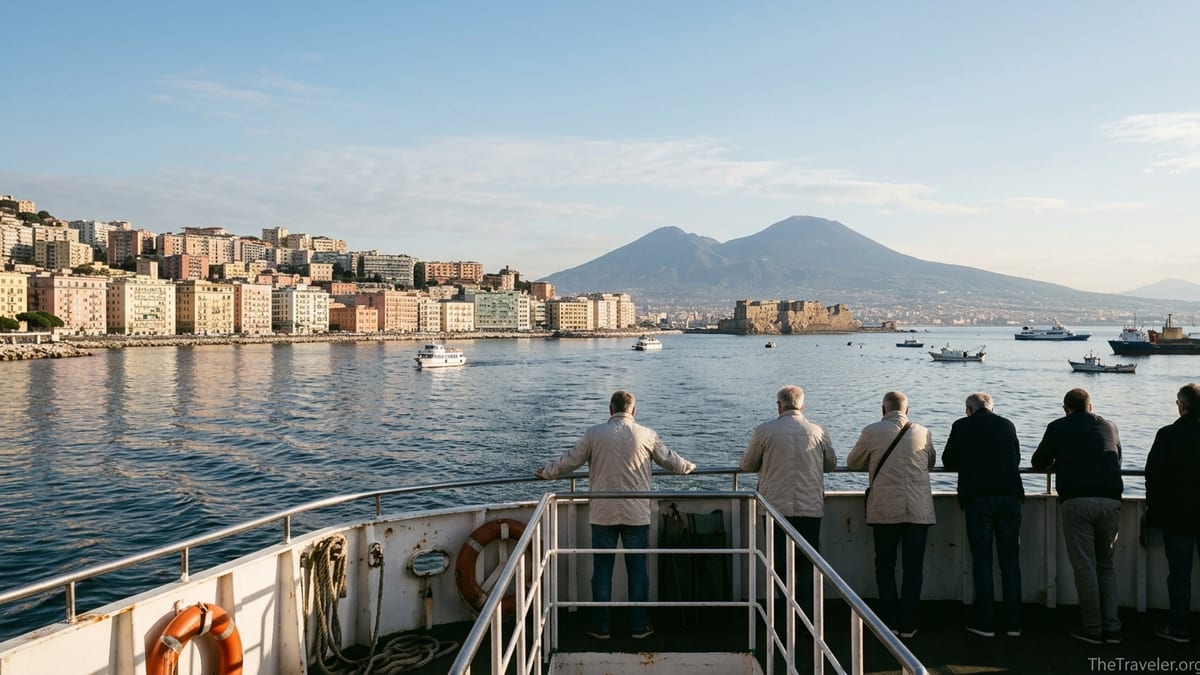 Passenger ferry approaching the Bay of Naples with Vesuvius and city skyline ahead.