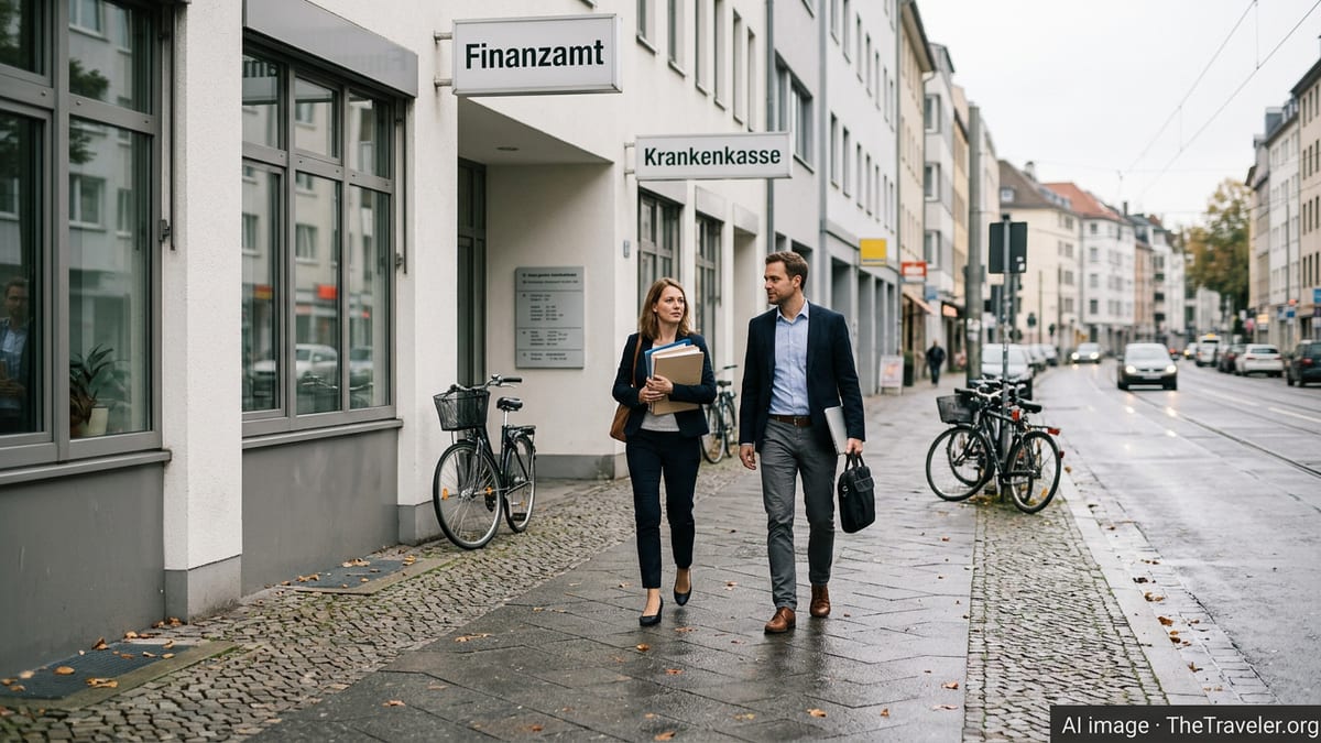 New residents walking past German tax and insurance offices on a city street.