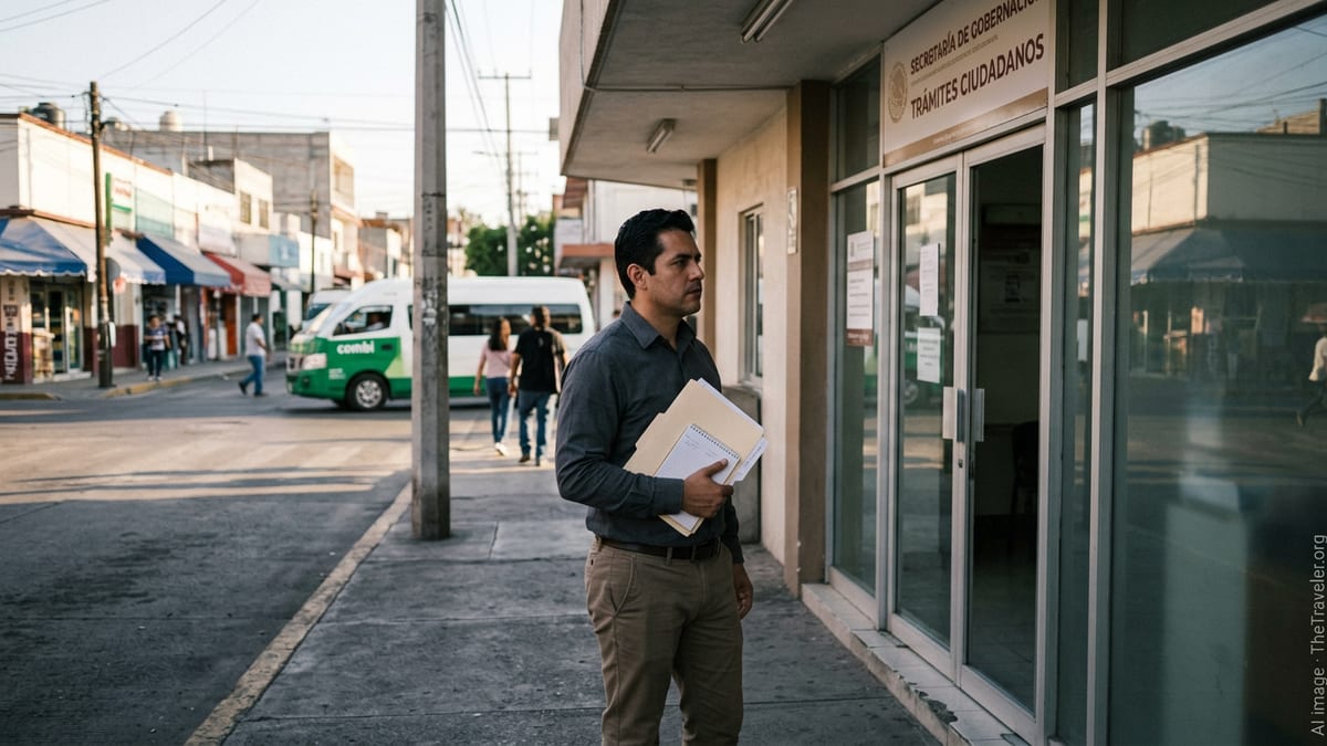 Professional in Mexico city street holding documents outside a government tax office