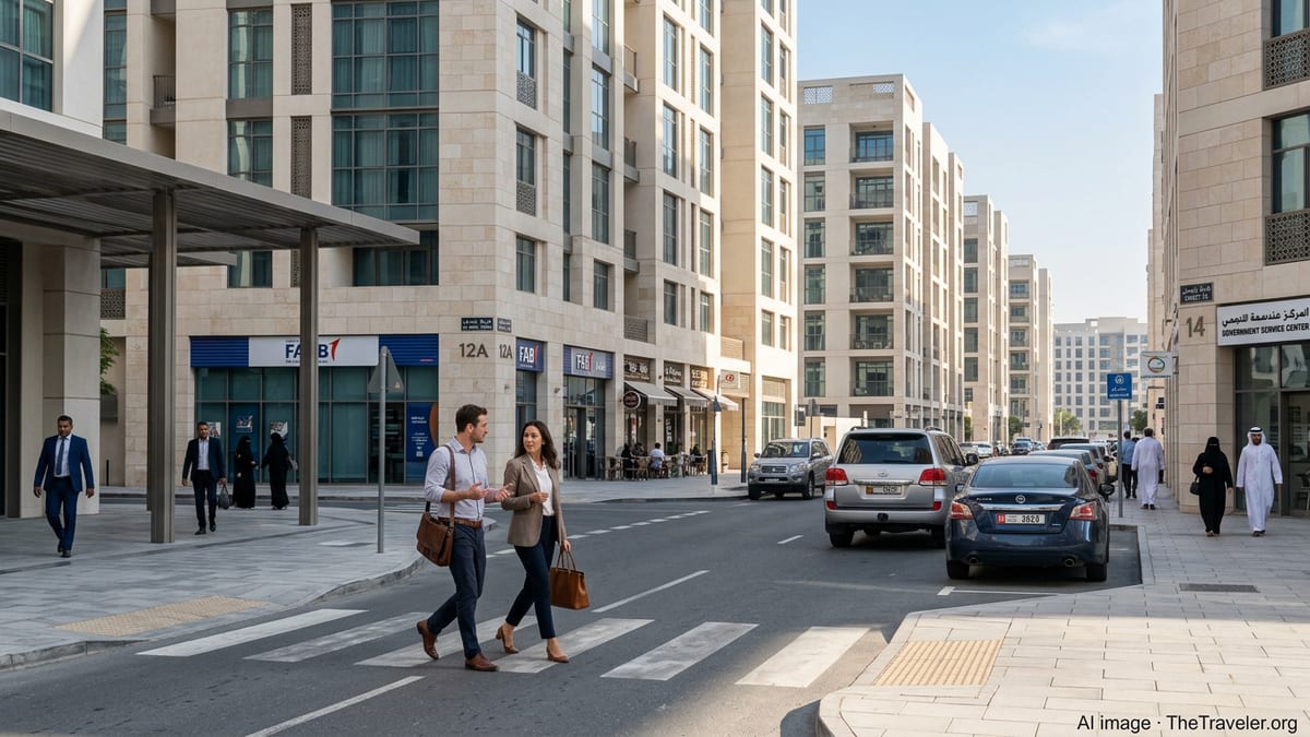 New expatriates walking through a modern Dubai residential district with banks and offices visible.