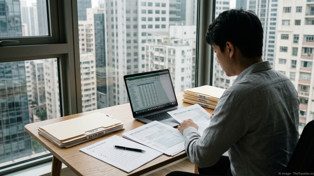 Professional reviewing first-year tax compliance checklist at desk in city apartment.