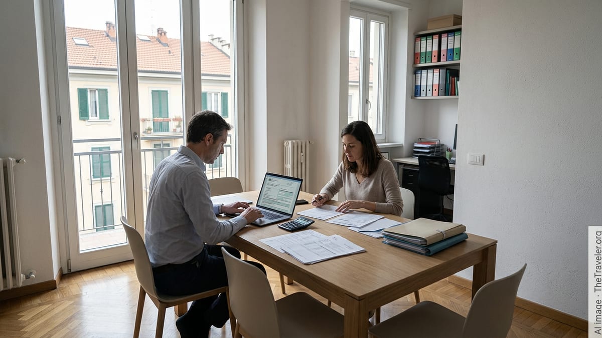 Expats in an Italian apartment reviewing tax documents at a dining table.