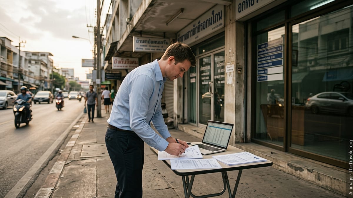 Foreign professional in Bangkok reviewing tax papers outside an office building.