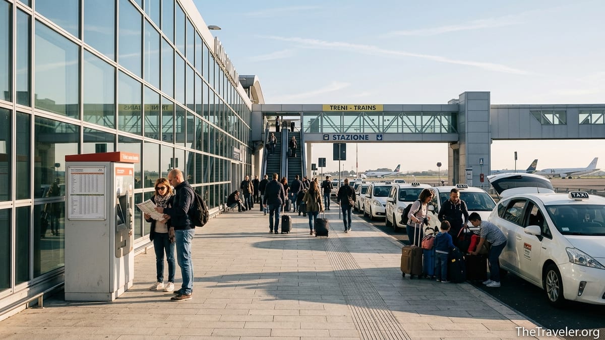 Travelers choosing between trains and taxis outside Rome Fiumicino Airport at sunrise.