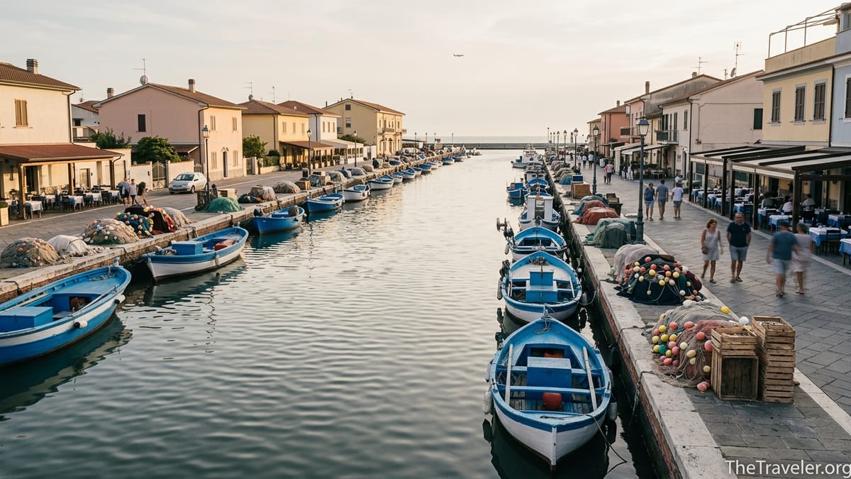 Fishing boats and waterfront restaurants along the canal in Fiumicino at sunset.