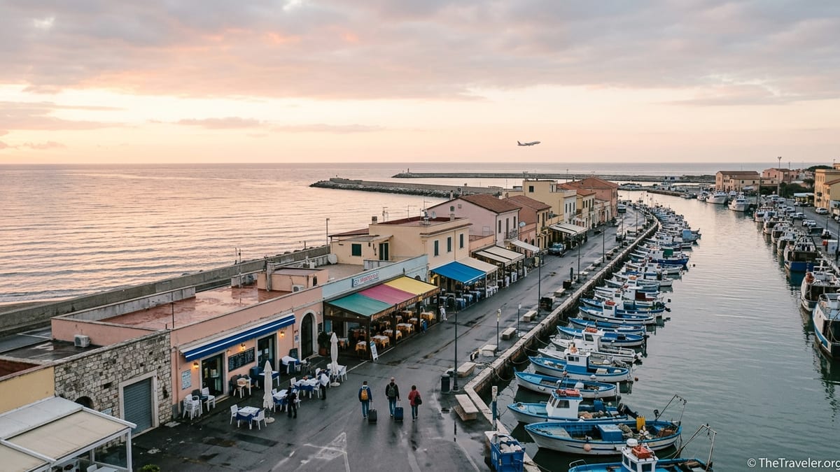 Sunrise over Fiumicino waterfront with fishing boats, cafés and distant airplane
