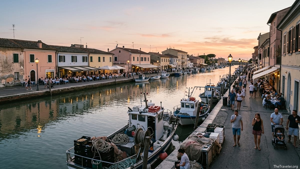 Sunset over Fiumicino’s lively riverfront with fishing boats and busy waterfront restaurants.