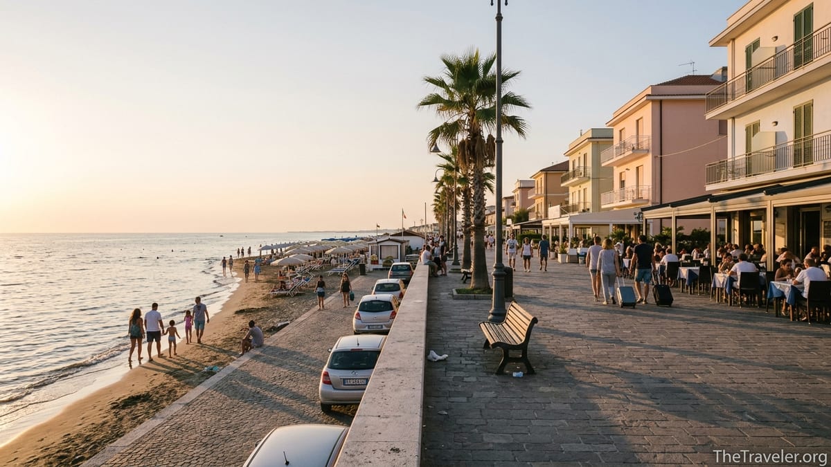 Early evening view of Fiumicino seafront promenade with beach, cafes and travelers near Rome airport.