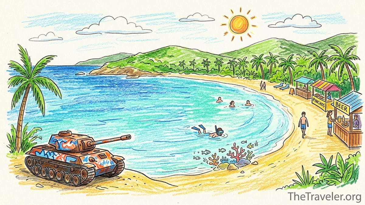 Flamenco Beach in Culebra with turquoise water, white sand, and the famous painted military tank near shore