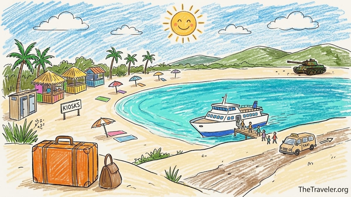 Turquoise water and white sand at Flamenco Beach in Culebra, with the famous rusted tank near the shore.