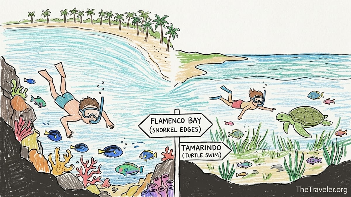 Snorkeler over seagrass at Culebra with a sea turtle, comparing Flamenco and Tamarindo snorkeling conditions.