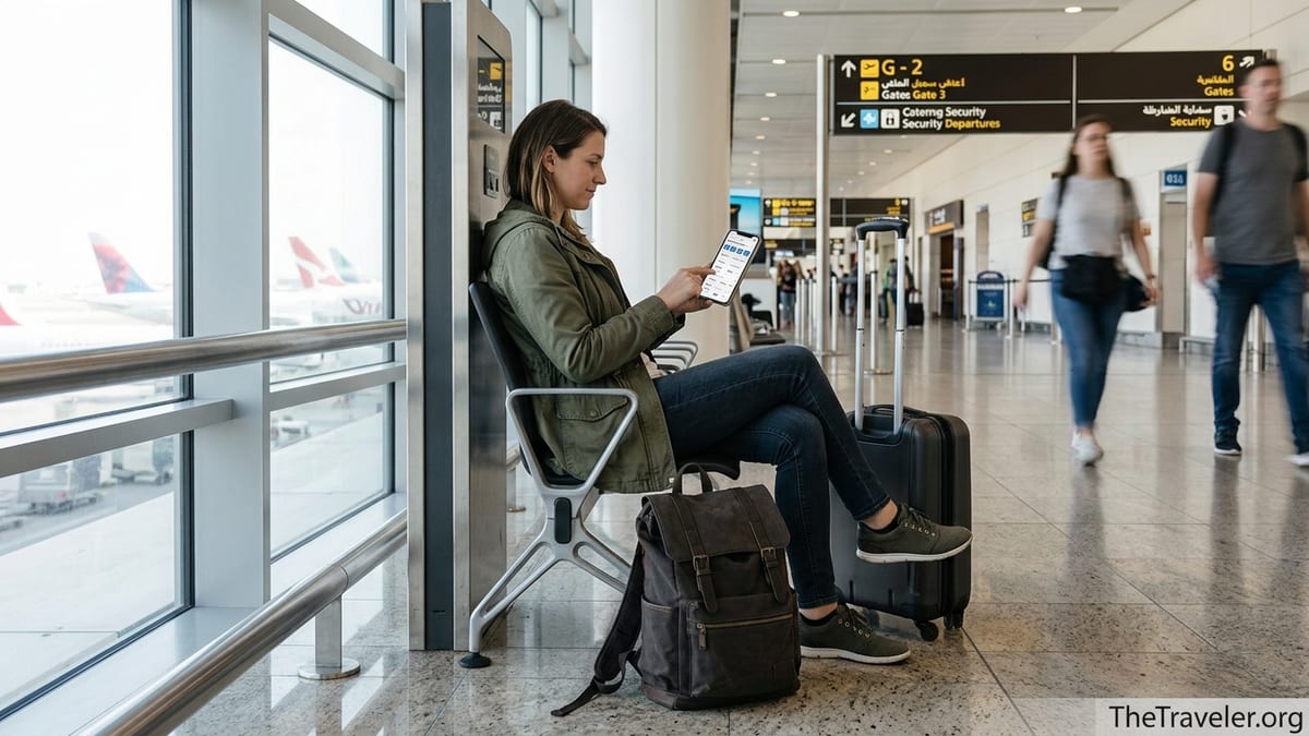 Traveler in an airport comparing mobile eSIM options on a smartphone.