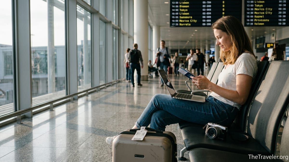 Traveler using phone and laptop at an airport gate, preparing for multi-country trip.