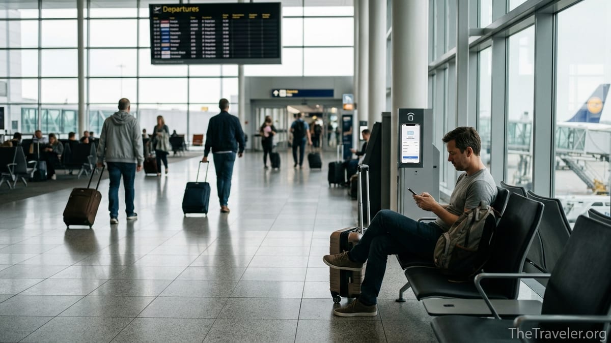 Traveler in airport using phone to manage eSIM data before an international flight.