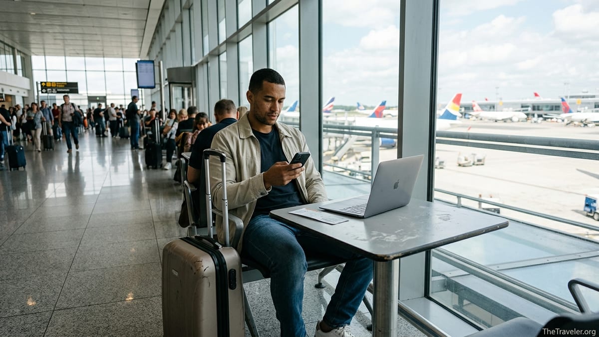 Traveler in an airport lounge checking an eSIM app on their phone before an international flight.