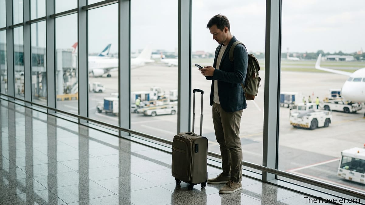Traveler in an airport checking an eSIM app on their phone by a window.