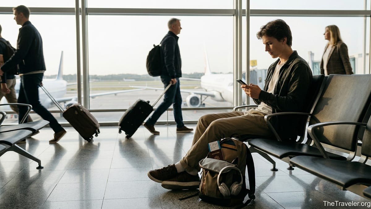 Traveler in an airport lounge setting up a travel eSIM on their smartphone before boarding.