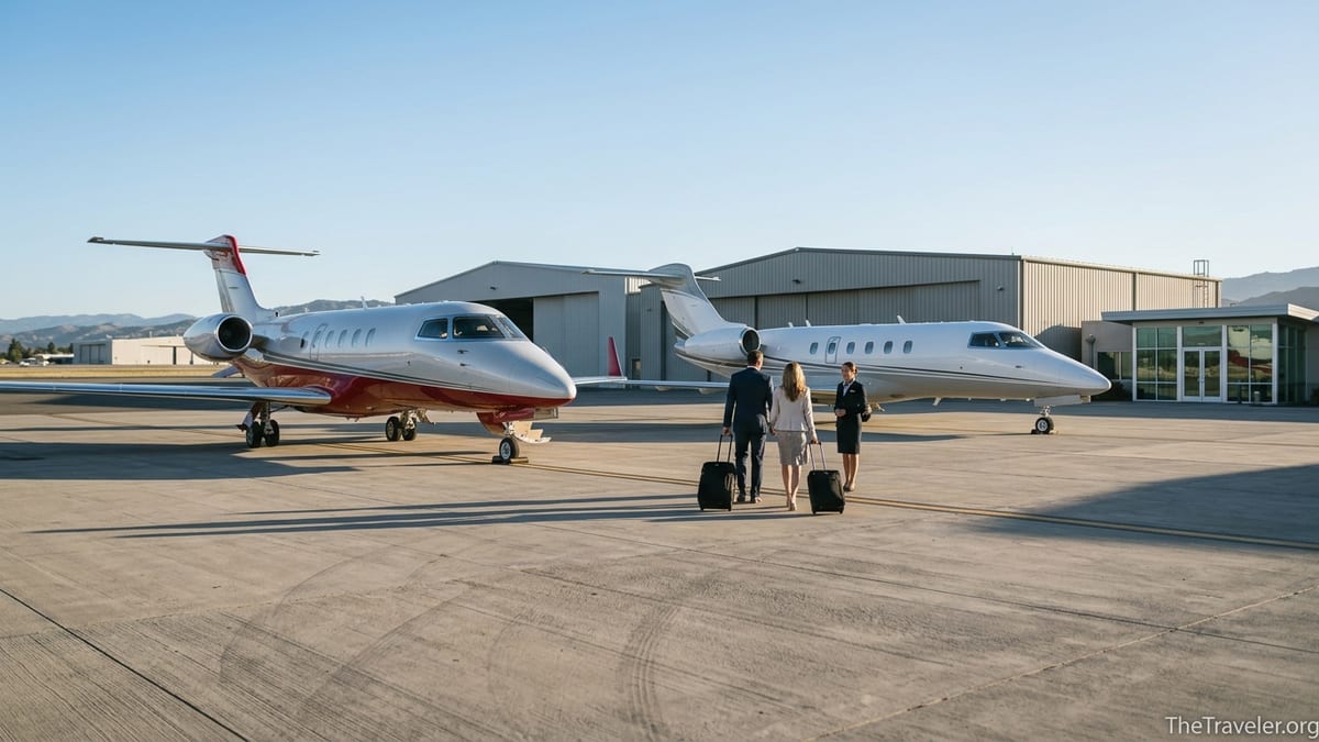 Luxury private jets from different operators parked side by side on a sunlit airport ramp.