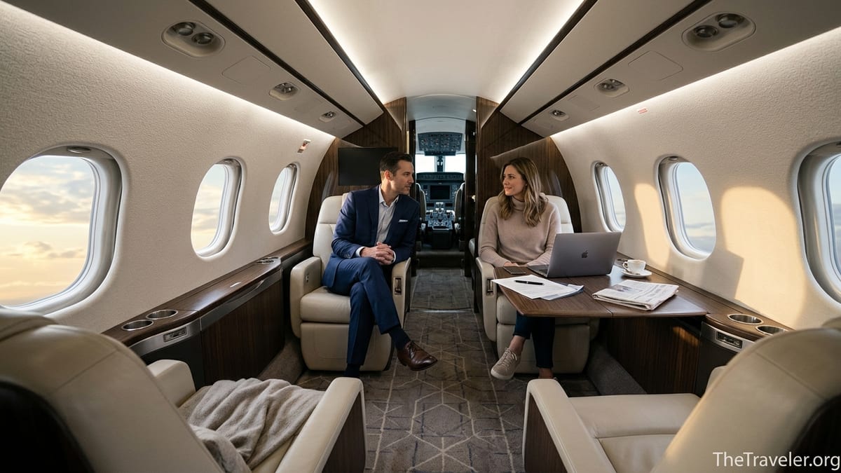 Business travelers working inside a modern private jet cabin during flight