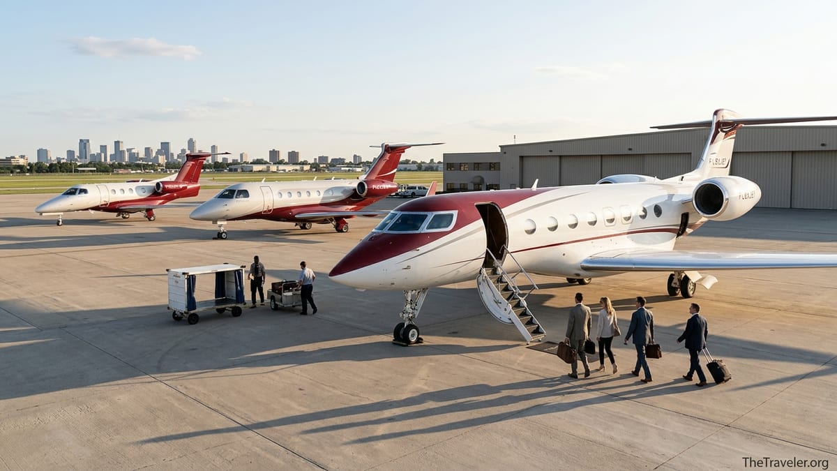Flexjet Gulfstream, Praetor and Phenom jets parked together on a sunlit private airport ramp.