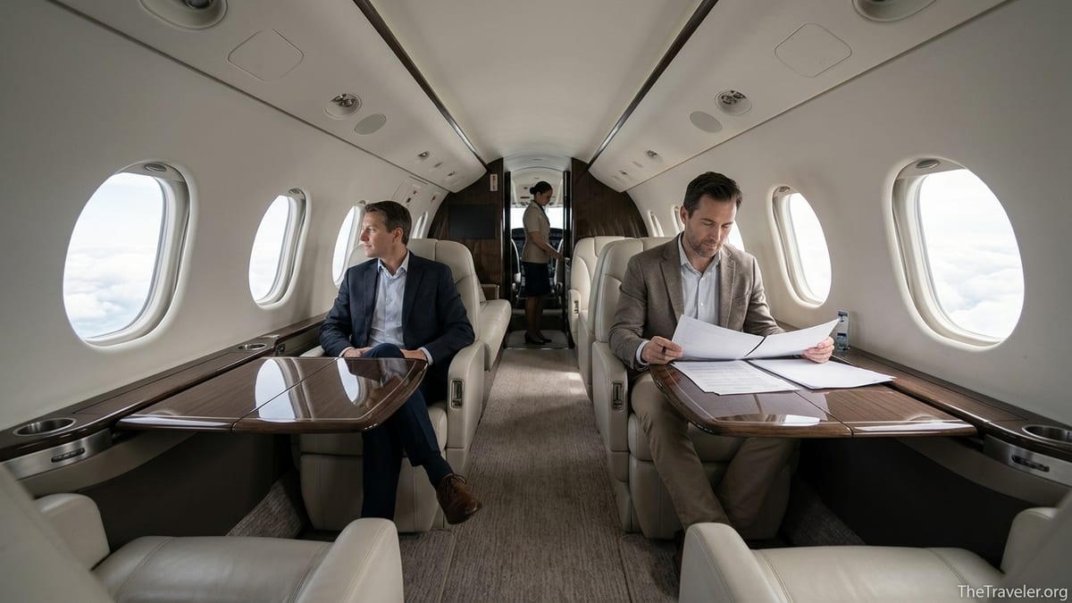 Interior of a modern private jet cabin with passengers working and relaxing in soft daylight.