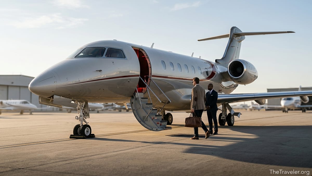 Traveler walking toward a Flexjet business jet at sunrise on a quiet private airport ramp.