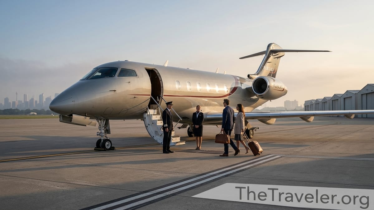 Flexjet private jet on an executive tarmac at sunrise with travelers boarding.