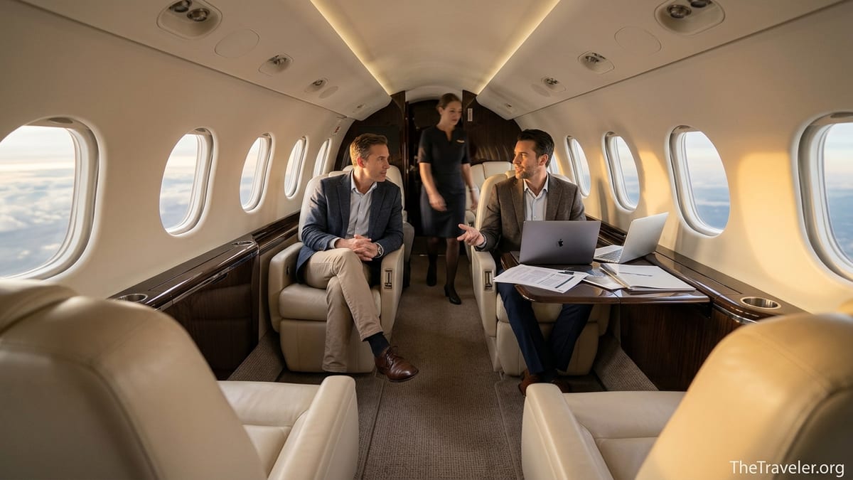 Business travelers working inside a modern private jet cabin during flight.