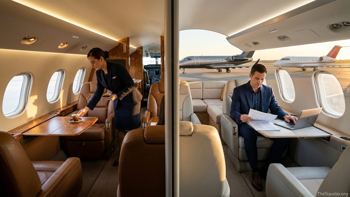 Luxurious private jet cabin at sunset showing two contrasting seating areas side by side.