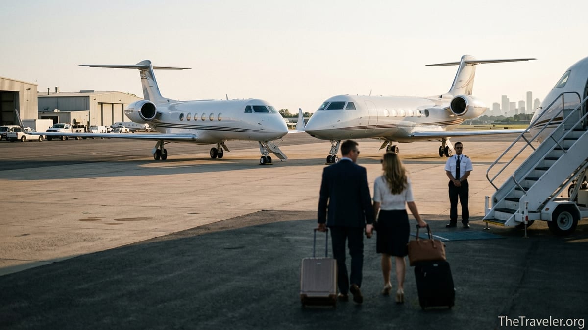 Two private jets from rival operators on a sunlit airport ramp as travelers walk toward boarding.