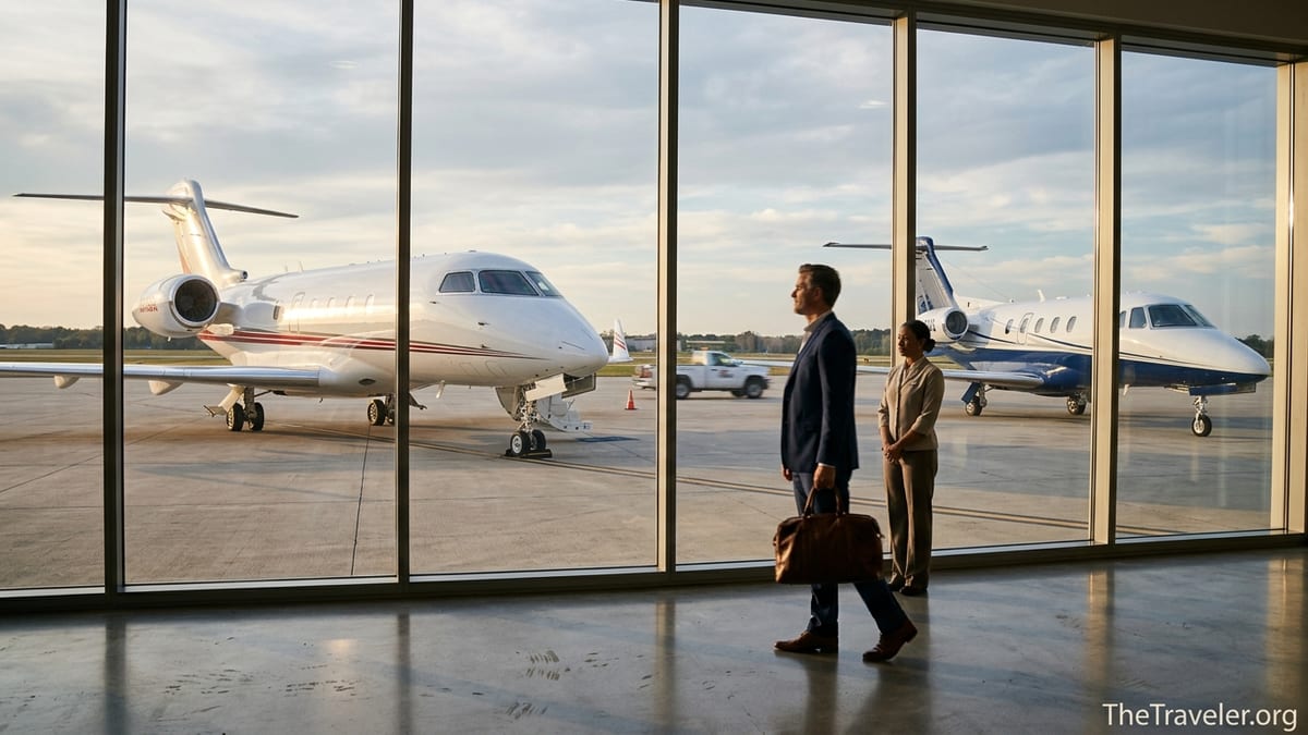 Business traveler in a private jet terminal choosing between two business jets at sunset.