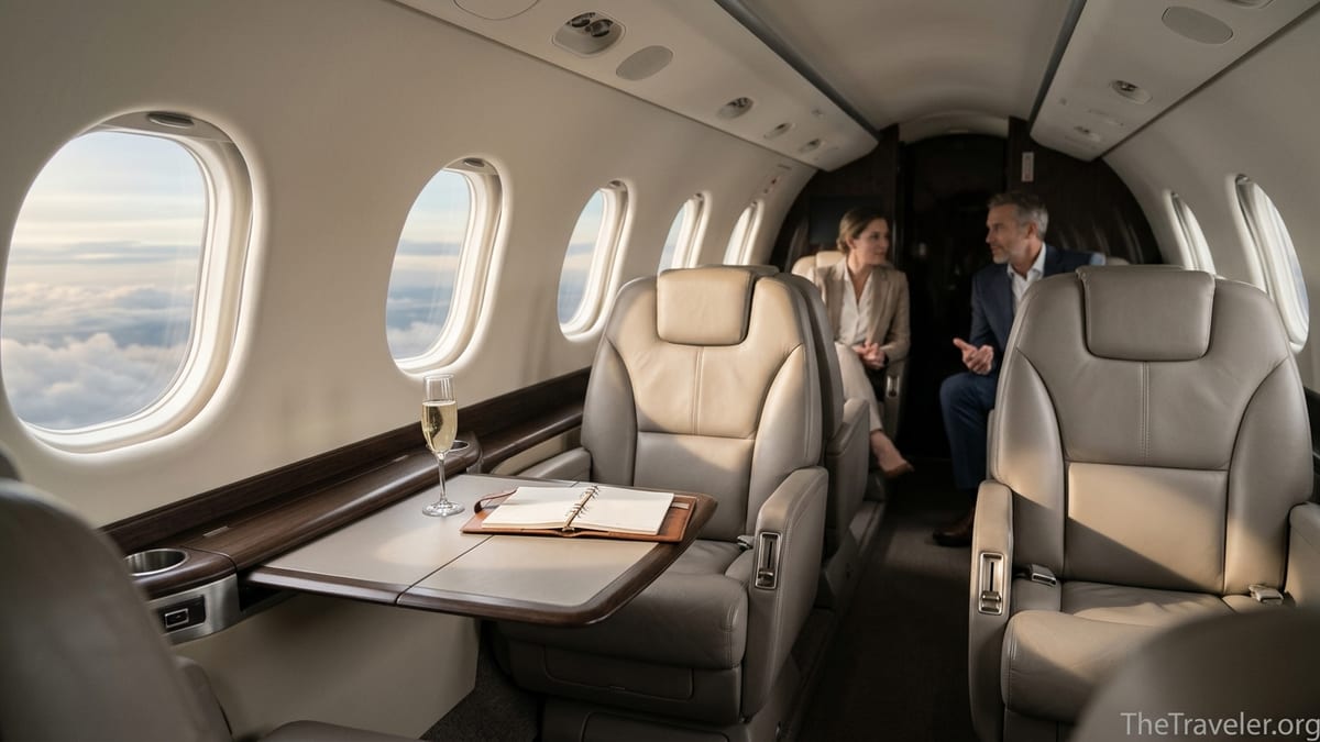 Passengers relaxing in a modern private jet cabin with warm daylight and cloud views.