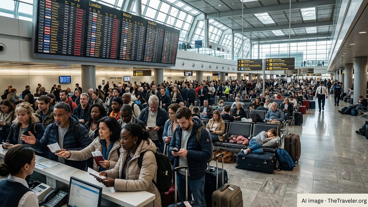 Passengers queue at a crowded European airport as departure boards show multiple cancelled flights.