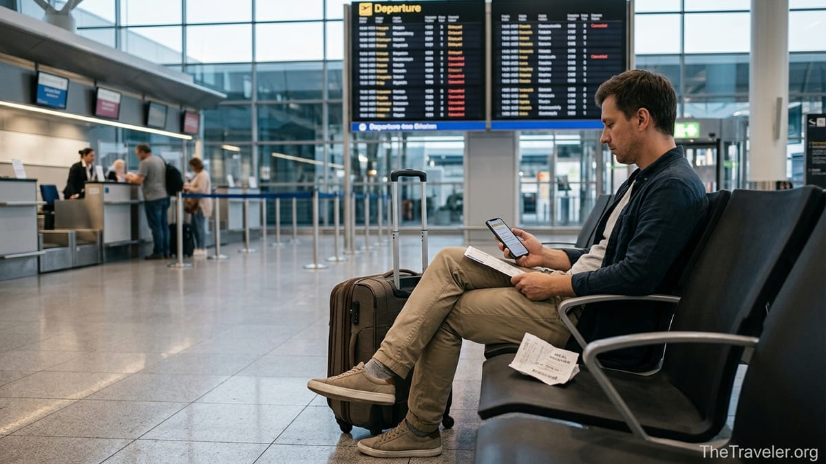 Traveler checking delayed flight details on phone in a busy airport terminal