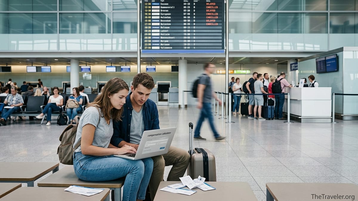 Travelers in a European airport checking flight compensation options on a laptop.