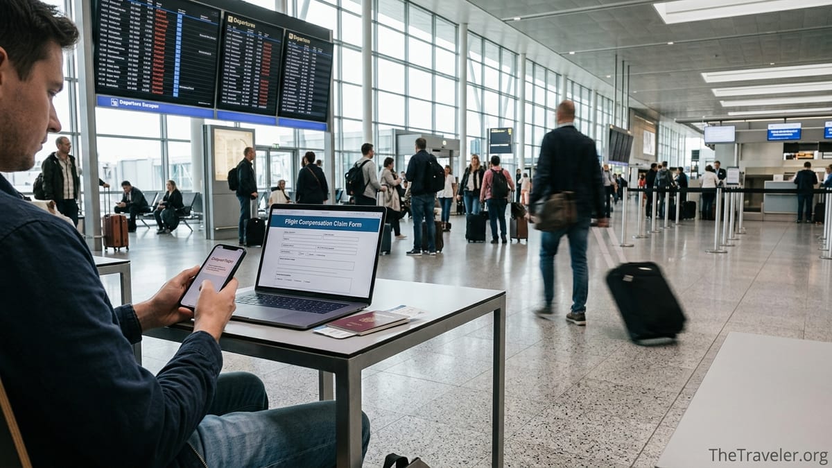 Traveler in an airport terminal filing a flight delay compensation claim on a laptop.